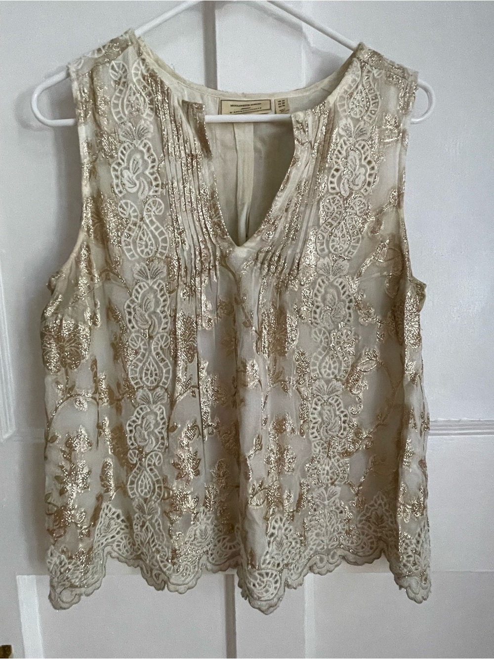 Moulinette Soeurs Anthropologie Ivory & Gold floral brocade sleeveless top Sz 6